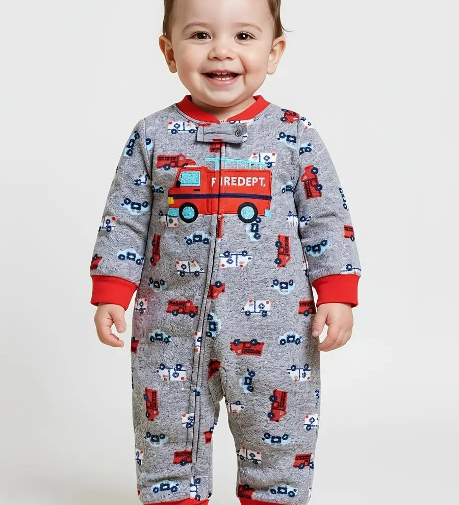 Macacão Bebê Menino Manga Longa Soft Fleece Estampa Caminhão de Bombeiro Zíper Cinza 6 aos 24 Meses — foto 1