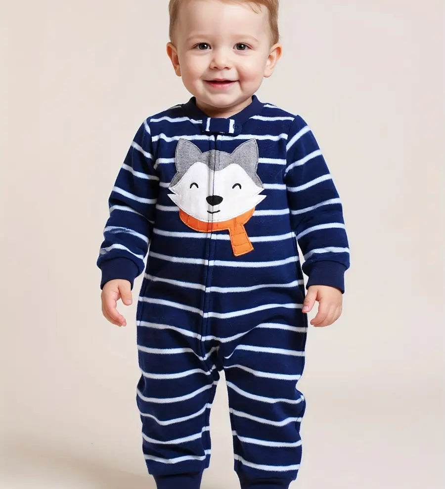 Macacão Bebê Menino Manga Longa Soft Fleece Zíper Bordado Raposa Listrado 3 aos 24 Meses — foto 1