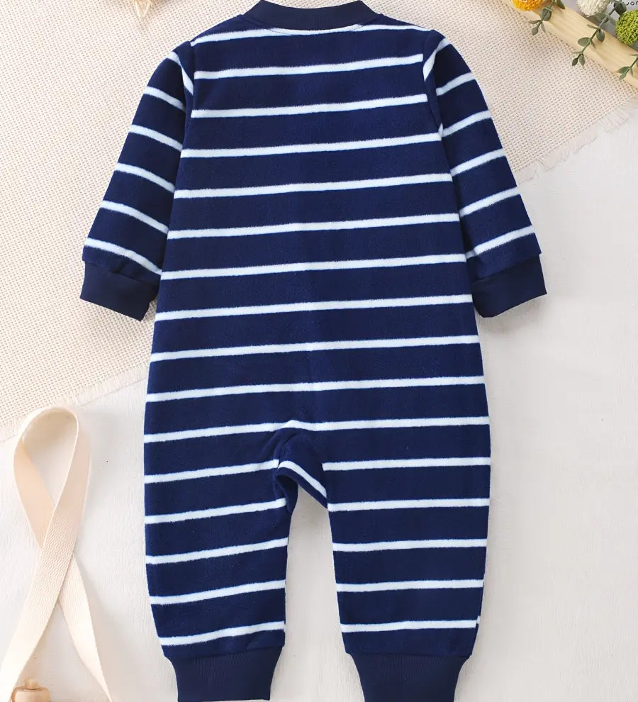 Macacão Bebê Menino Manga Longa Soft Fleece Zíper Bordado Raposa Listrado 3 aos 24 Meses — foto 2