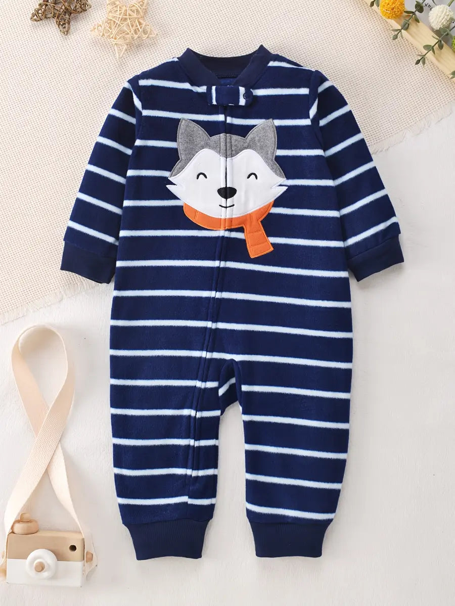 Macacão Bebê Menino Manga Longa Soft Fleece Zíper Bordado Raposa Listrado 3 aos 24 Meses — foto 3