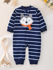 Macacão Bebê Menino Manga Longa Soft Fleece Zíper Bordado Raposa Listrado 3 aos 24 Meses — foto 3