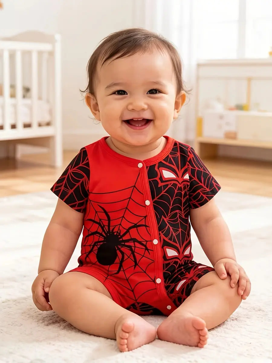 Macacão Bebê Menino Manga Curta Estampa de Aranha e Teia Malha com Botões Recém-nascido ao 9 Meses — foto 1