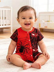 Macacão Bebê Menino Manga Curta Estampa de Aranha e Teia Malha com Botões Recém-nascido ao 9 Meses — foto 1