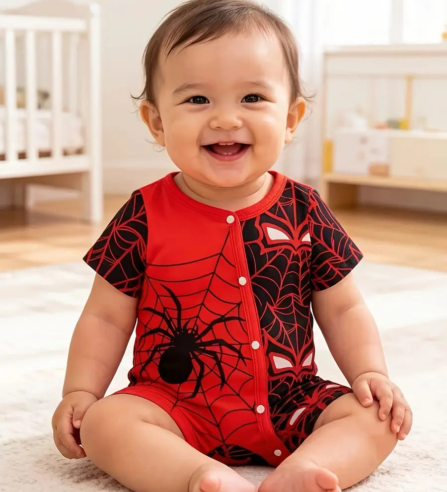 Macacão Bebê Menino Manga Curta Estampa de Aranha e Teia Malha com Botões Recém-nascido ao 9 Meses — foto 1