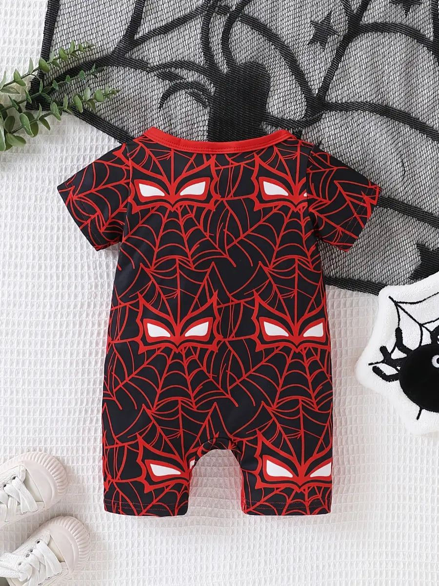Macacão Bebê Menino Manga Curta Estampa de Aranha e Teia Malha com Botões Recém-nascido ao 9 Meses — foto 3