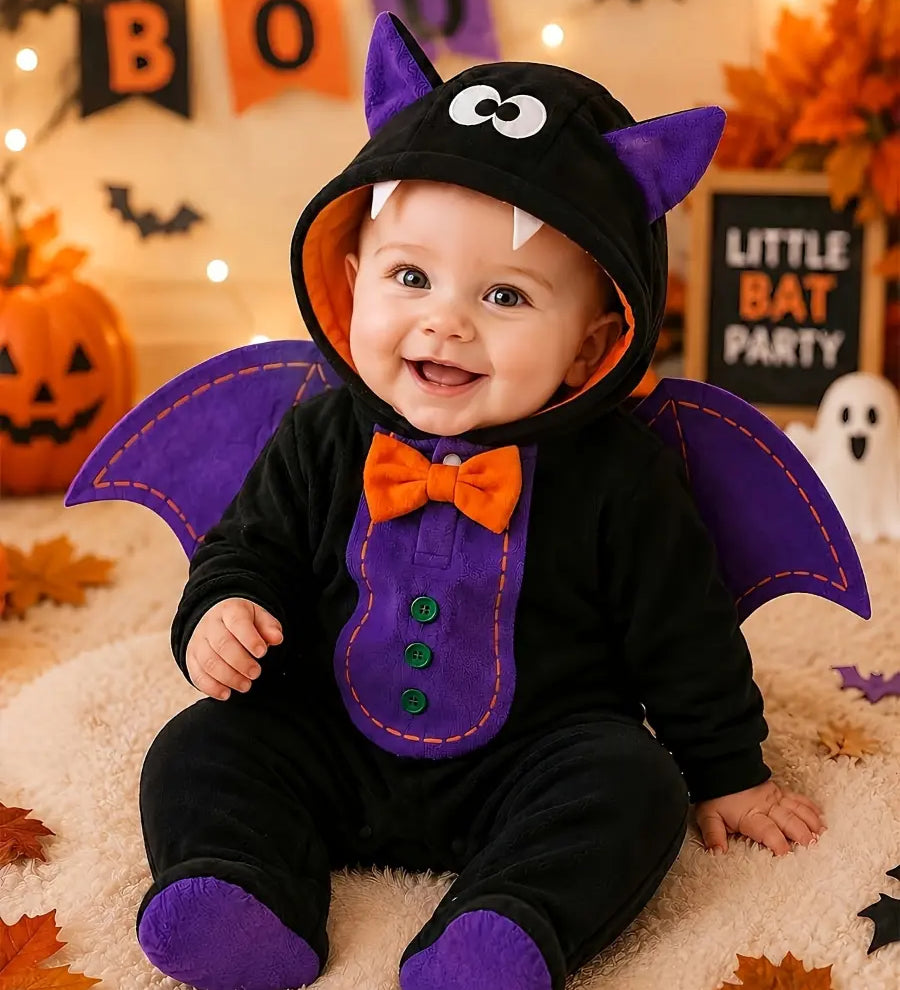 Macacão Bebê Menino Fantasia Morcego Halloween Capuz Orelhas Asas Fleece Preto Recém-Nascido ao 9 Meses — foto 1