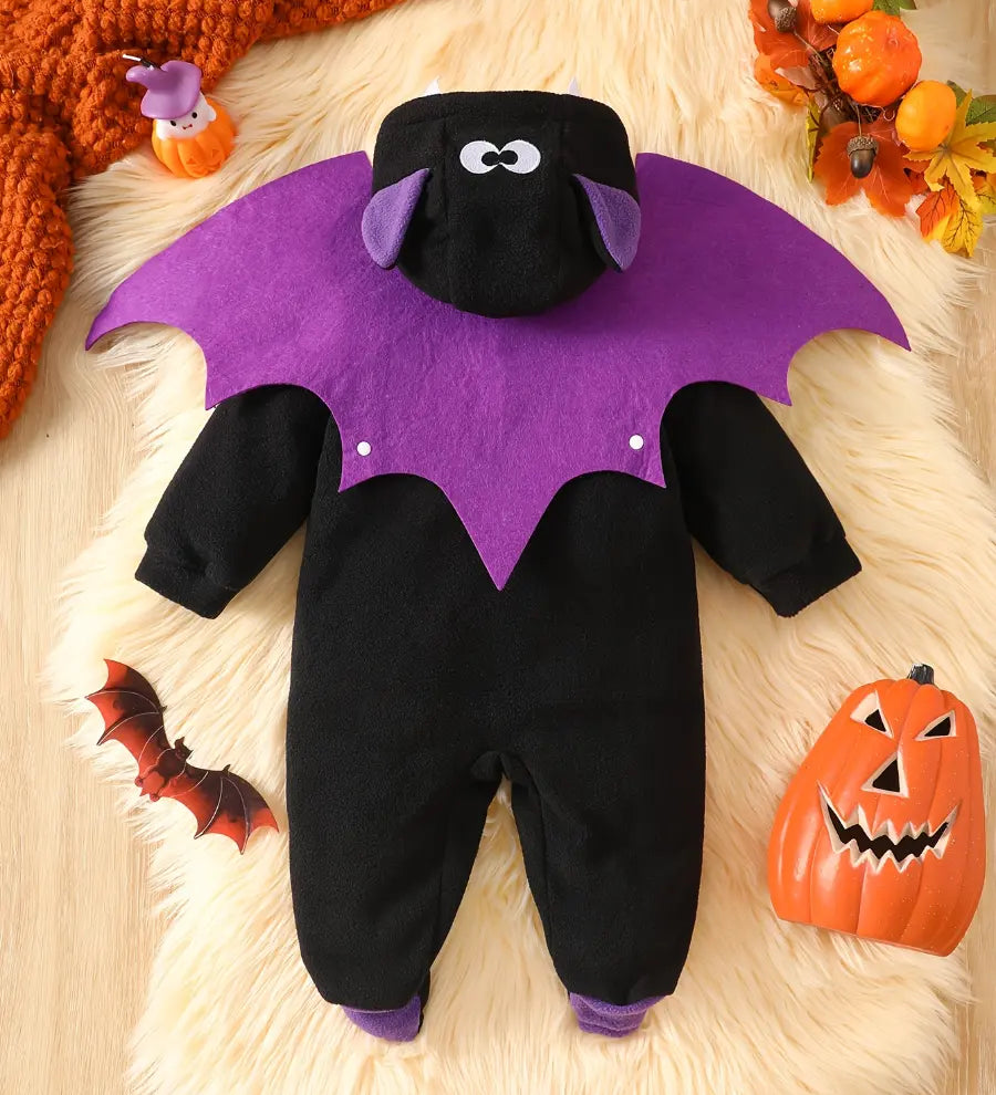 Macacão Bebê Menino Fantasia Morcego Halloween Capuz Orelhas Asas Fleece Preto Recém-Nascido ao 9 Meses — foto 2