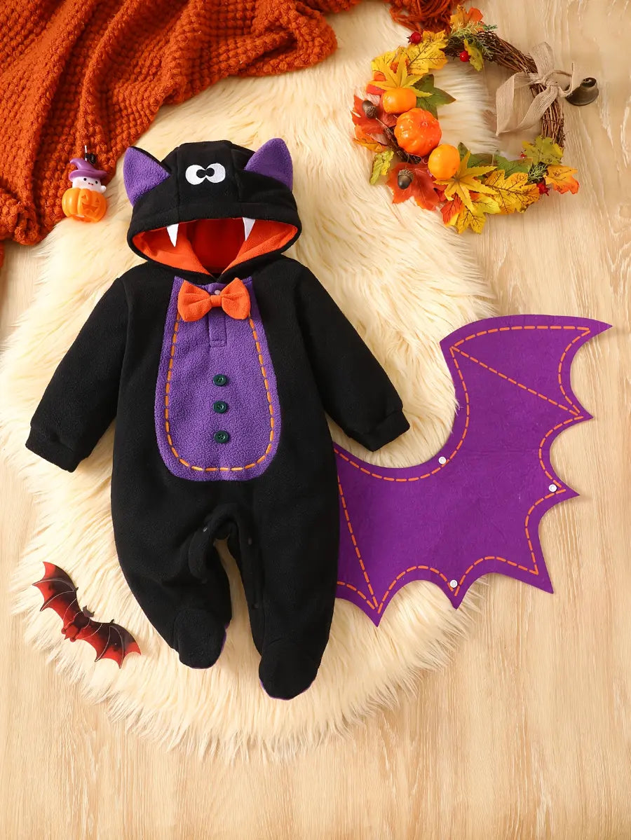 Macacão Bebê Menino Fantasia Morcego Halloween Capuz Orelhas Asas Fleece Preto Recém-Nascido ao 9 Meses — foto 3