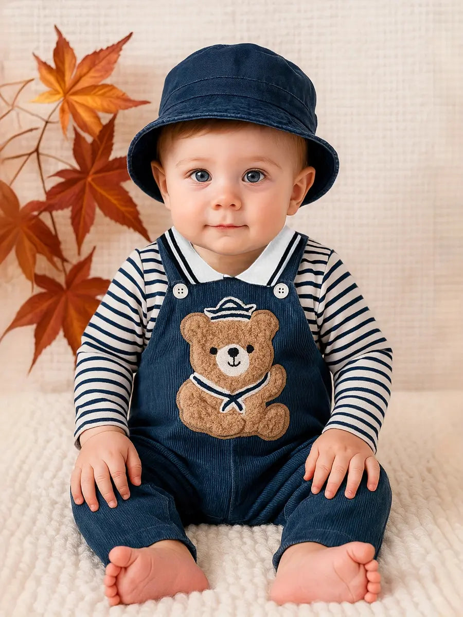 Conjunto Bebê Menino 2 Peças Camiseta Listrada e Jardineira Macacão Urso Marinheiro 3 aos 24 Meses — foto 1