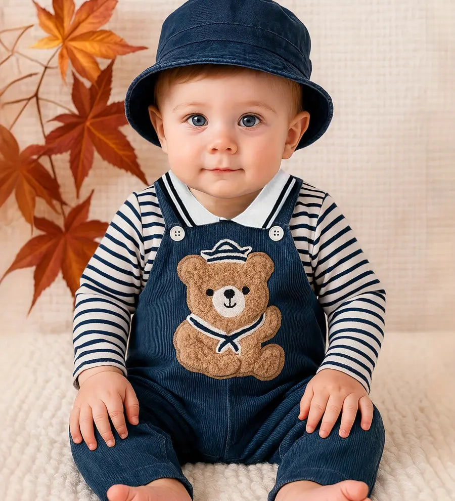 Conjunto Bebê Menino 2 Peças Camiseta Listrada e Jardineira Macacão Urso Marinheiro 3 aos 24 Meses — foto 1