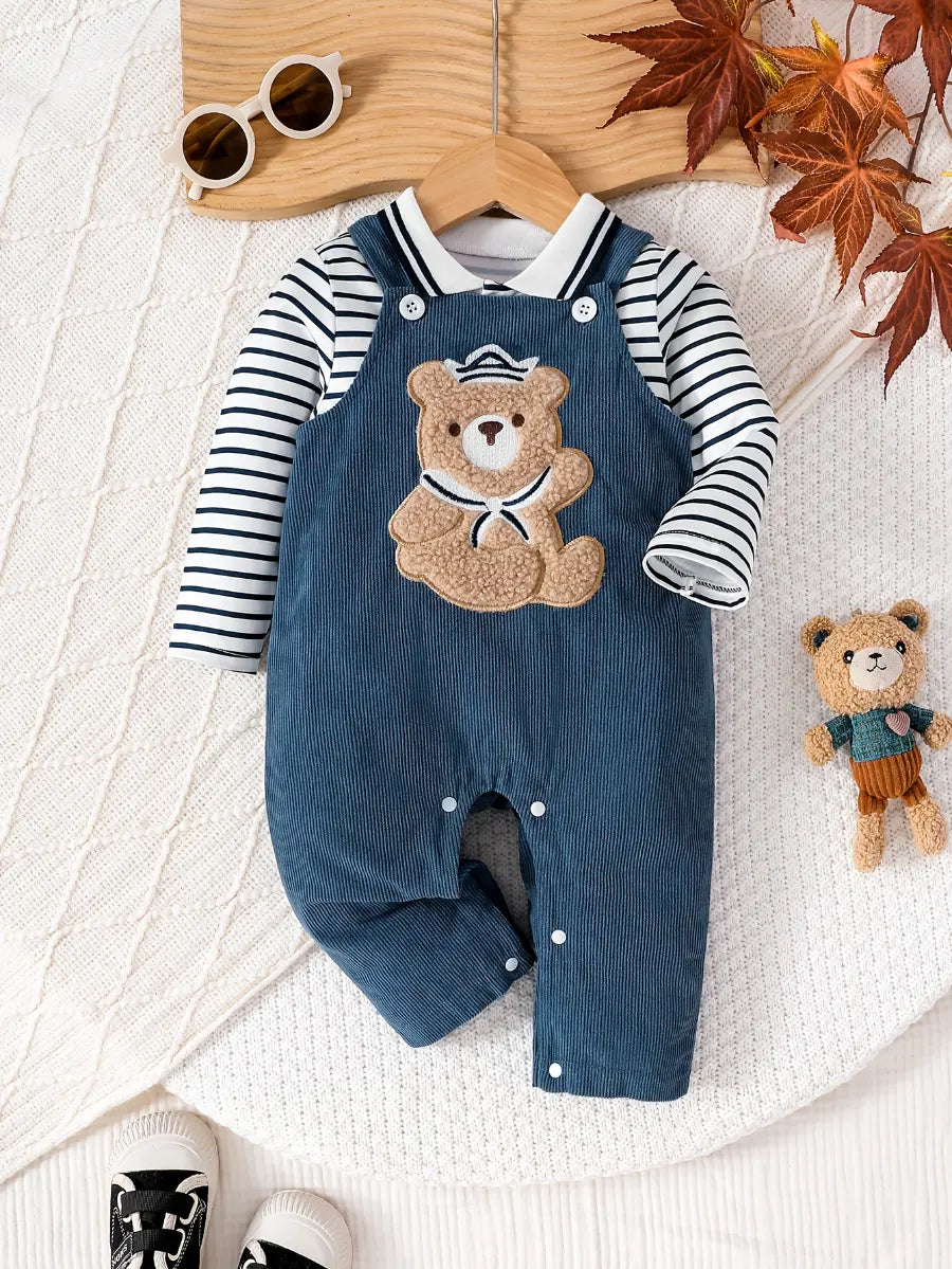 Conjunto Bebê Menino 2 Peças Camiseta Listrada e Jardineira Macacão Urso Marinheiro 3 aos 24 Meses — foto 2
