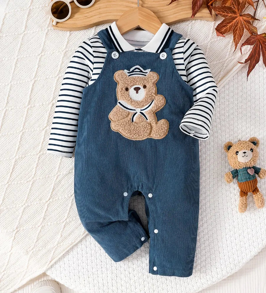 Conjunto Bebê Menino 2 Peças Camiseta Listrada e Jardineira Macacão Urso Marinheiro 3 aos 24 Meses — foto 2