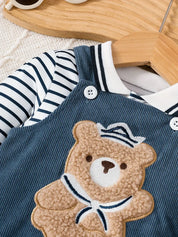 Conjunto Bebê Menino 2 Peças Camiseta Listrada e Jardineira Macacão Urso Marinheiro 3 aos 24 Meses — foto 4