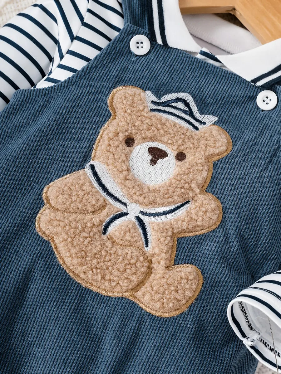 Conjunto Bebê Menino 2 Peças Camiseta Listrada e Jardineira Macacão Urso Marinheiro 3 aos 24 Meses — foto 5
