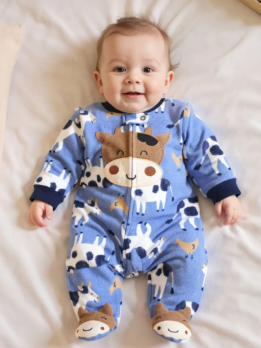 Macacão Pijama Bebê Menino com Pés Zíper Estampa de Vaca Fleece Outono Inverno 0 a 9 Meses — foto 1
