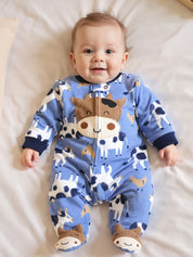 Macacão Pijama Bebê Menino com Pés Zíper Estampa de Vaca Fleece Outono Inverno 0 a 9 Meses — foto 1