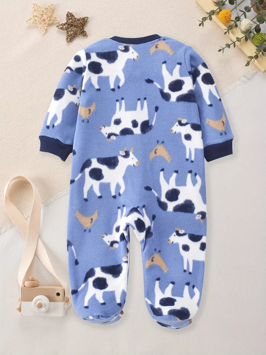 Macacão Pijama Bebê Menino com Pés Zíper Estampa de Vaca Fleece Outono Inverno 0 a 9 Meses — foto 2