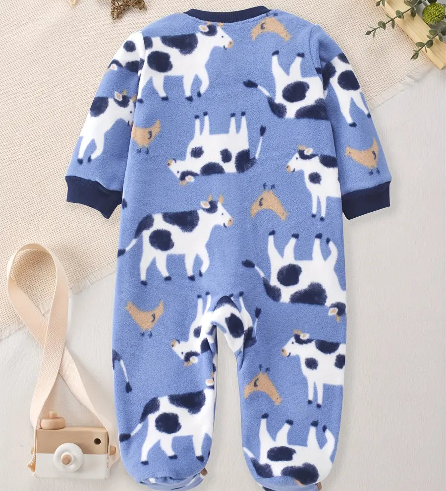 Macacão Pijama Bebê Menino com Pés Zíper Estampa de Vaca Fleece Outono Inverno 0 a 9 Meses — foto 2