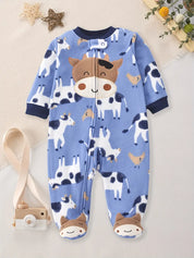 Macacão Pijama Bebê Menino com Pés Zíper Estampa de Vaca Fleece Outono Inverno 0 a 9 Meses — foto 3
