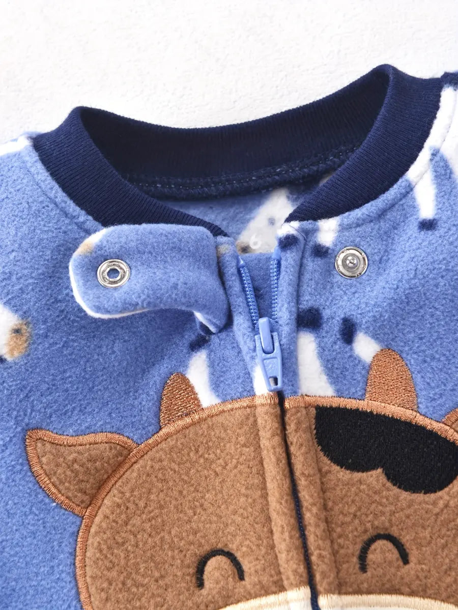 Macacão Pijama Bebê Menino com Pés Zíper Estampa de Vaca Fleece Outono Inverno 0 a 9 Meses — foto 4